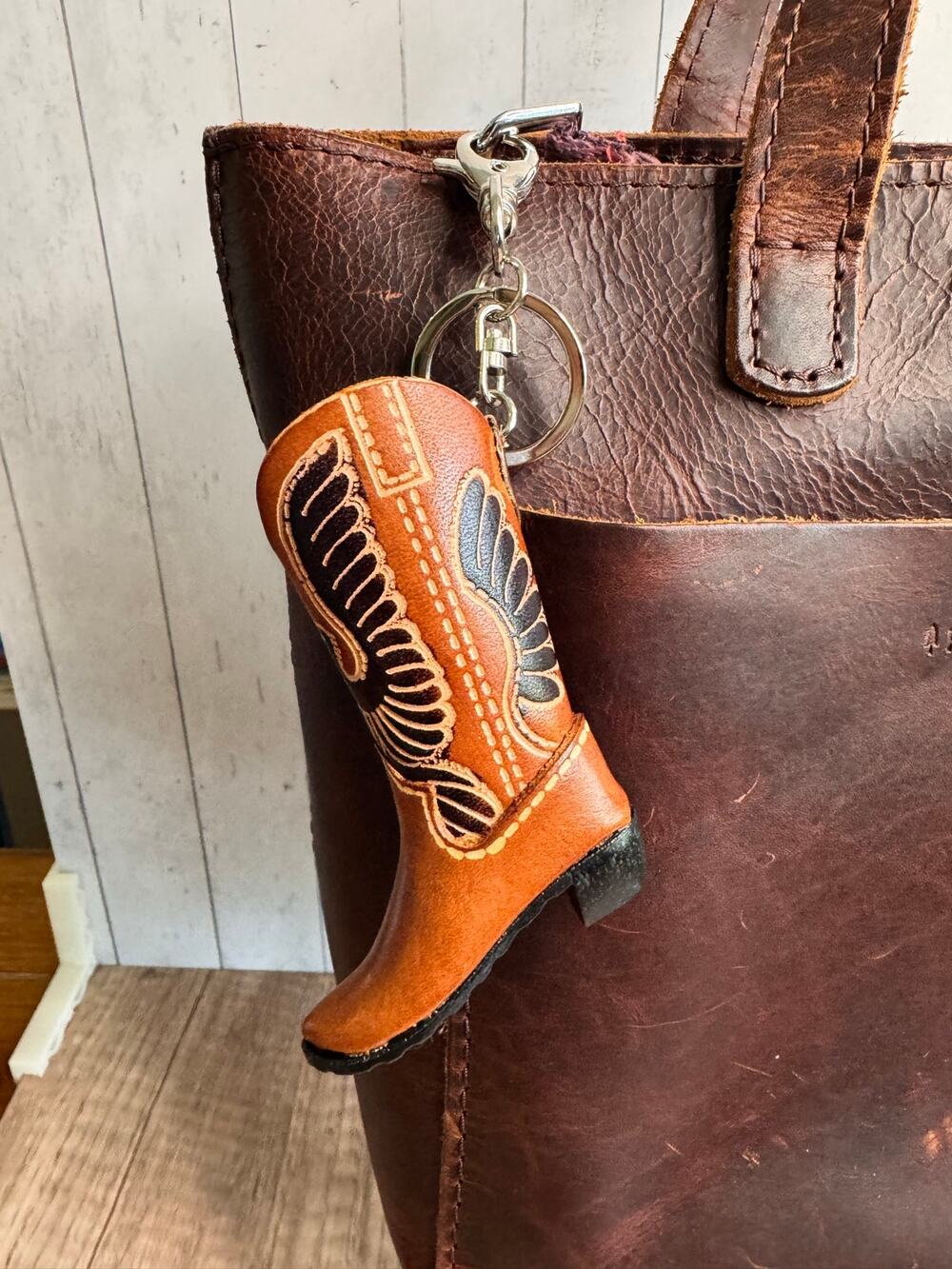 Western Brown Cowboy Boot Genuine Leather Eagle Purse Charm Keychain FAST SHIP